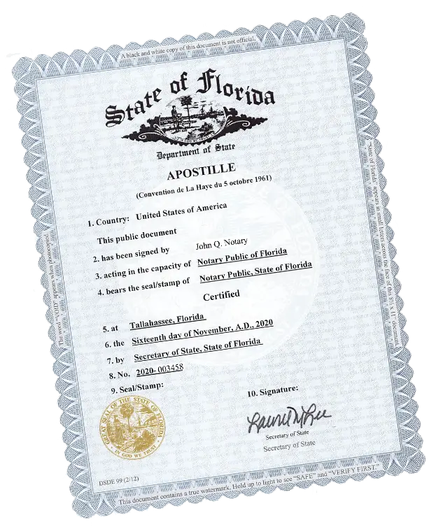 A scanned copy of an approved Apostille Document, including state seal.