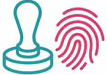 A cyan stamp icon with a pink fingerprint icon next to it.
